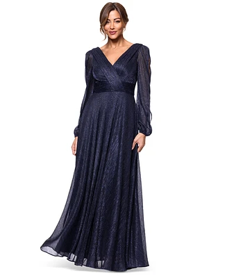 Betsy & Adam Petite Long-Sleeve V-Neck Crinkle Gown