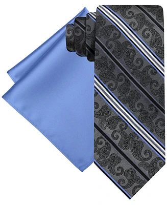 Steve Harvey Men's Stripe Paisley Tie & Solid Pocket Square Set
