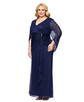 Betsy & Adam Plus Lace-Cape-Sleeve Embellished Gown