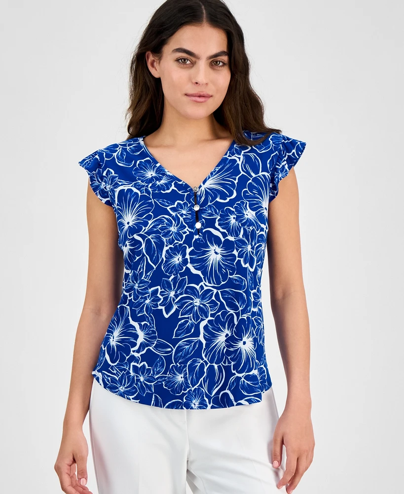 Ak Anne Klein Women's Printed V-Neck Cap-Sleeve Top