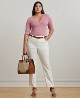 Lauren Ralph Plus Stretch Cotton Elbow-Sleeve V-Neck Tee