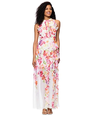 Betsy & Adam Women's Floral Print Ruffled Sleeveless Gown