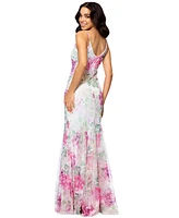 Betsy & Adam Women's Sequin Floral Print Sleeveless Gown