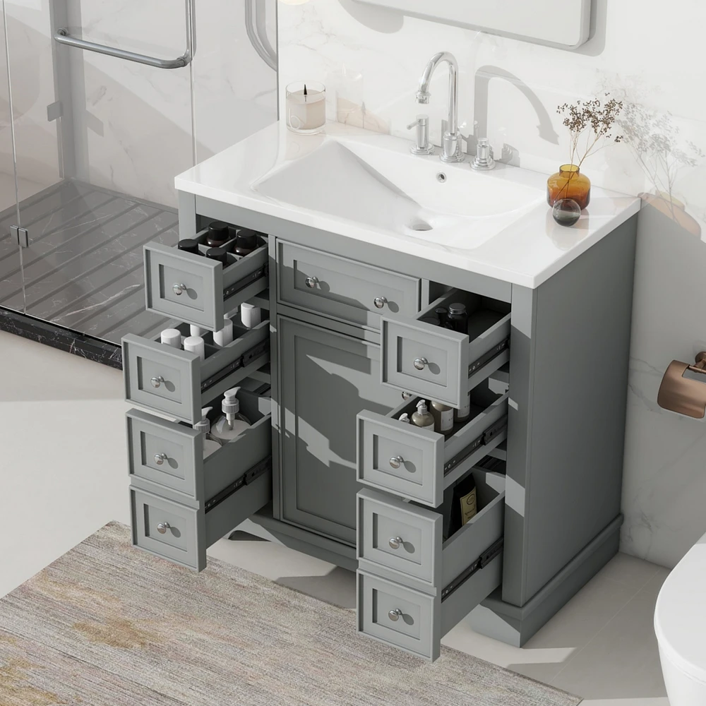 36" Bathroom Vanity with Sink Combo, One Cabinet and Six Drawers, Solid Wood and Mdf Board, Grey