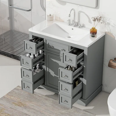 36" Bathroom Vanity with Sink Combo, One Cabinet and Six Drawers, Solid Wood and Mdf Board, Grey