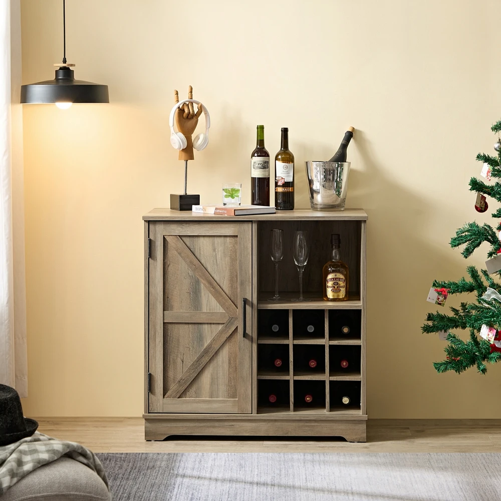 Farmhouse Wine Bar Cabinet with Adj. Shelves and Wine Rack, 31.5