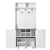 Farmhouse 4-in-1 Hall Tree with Barn Doors: Movable Bench, Hooks, Shoe Storage, & Wheels