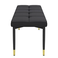 59" Black Shoe Bench with Gold Accents: Faux Leather Cushion, Metal Legs