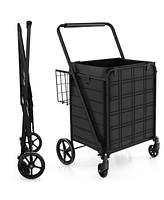Folding Shopping Cart with Wheels, Basket & Waterproof Liner Portable & Heavy-Duty Grocery Trolley