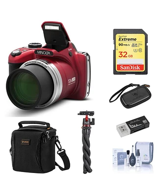 Minolta MN53Z 16MP Fhd Digital Camera with 53x Optical Zoom, Wi-Fi, Red Bundle with Shoulder Bag, Octopus Tripod, 32GB Sd Card, Reader, Card Case, Cle