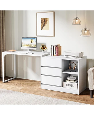 Tribesigns L-Shaped Computer Desk with Drawers and Shelves, Reversible White Corner Office Desk with Storage Cabinet, Study Writing Table for Home Off