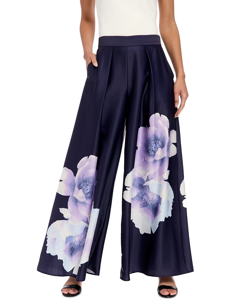 Muse Women's Floral Satin Pleated Wide-Leg Pants