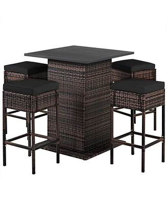 5 Pieces Patio Rattan Bar Furniture Set with Cushions and Hidden Storage Shelf For Outdoor