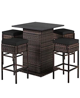 5 Pieces Patio Rattan Bar Furniture Set with Cushions and Hidden Storage Shelf For Outdoor