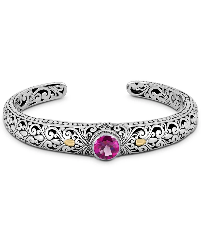 Devata Pink Topaz & Bali Filigree Cuff Bracelet in Sterling Silver and 18K Gold Accents, Medium