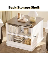 Farmhouse End Table with Charging Station, 23.6" Large Sofa Side Table with Drawer and Back Storage Shelf