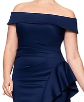 Xscape Plus Off-The-Shoulder Ruffle-Trim Scuba Gown