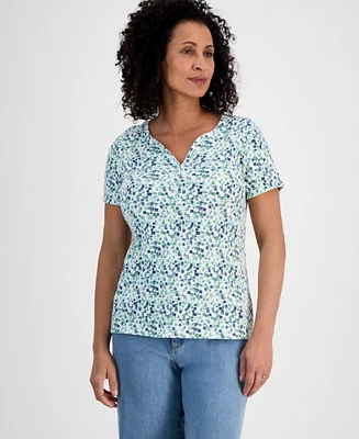 Style & Co Petite Squares Printed Short-Sleeve Henley Top, Exclusively at Macy's