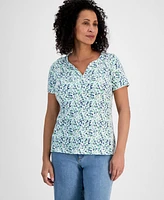 Style & Co Petite Squares Printed Short-Sleeve Henley Top, Exclusively at Macy's