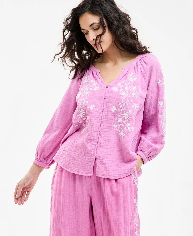 Style & Co Women's Cotton Gauze 3/4-Sleeve Embroidered Top, Exclusively at Macy's