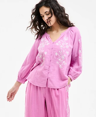 Style & Co Women's Cotton Gauze 3/4-Sleeve Embroidered Top, Exclusively at Macy's