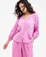 Style & Co Women's Cotton Gauze 3/4-Sleeve Embroidered Top, Exclusively at Macy's