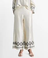 Mango Women's Embroidered Hem Wide Leg Trousers