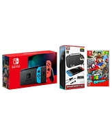 Nintendo Switch 32GB Console Neon Red/Blue Joy-Con Bundle with Surge 11-In-1 Accessory Starter Pack and Super Mario Odyssey