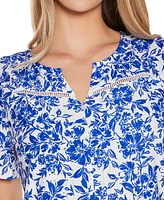 Belldini Women's Floral Printed Eyelet Short Sleeve Knit Top