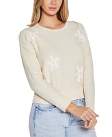 Belldini Women's 3D Floral Crewneck Trim Sweater