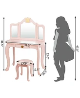 Kids Makeup Dressing Table with Tri-folding Mirror and Stool