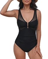 Women's V Neck U Wire Mesh One Piece Swimsuit