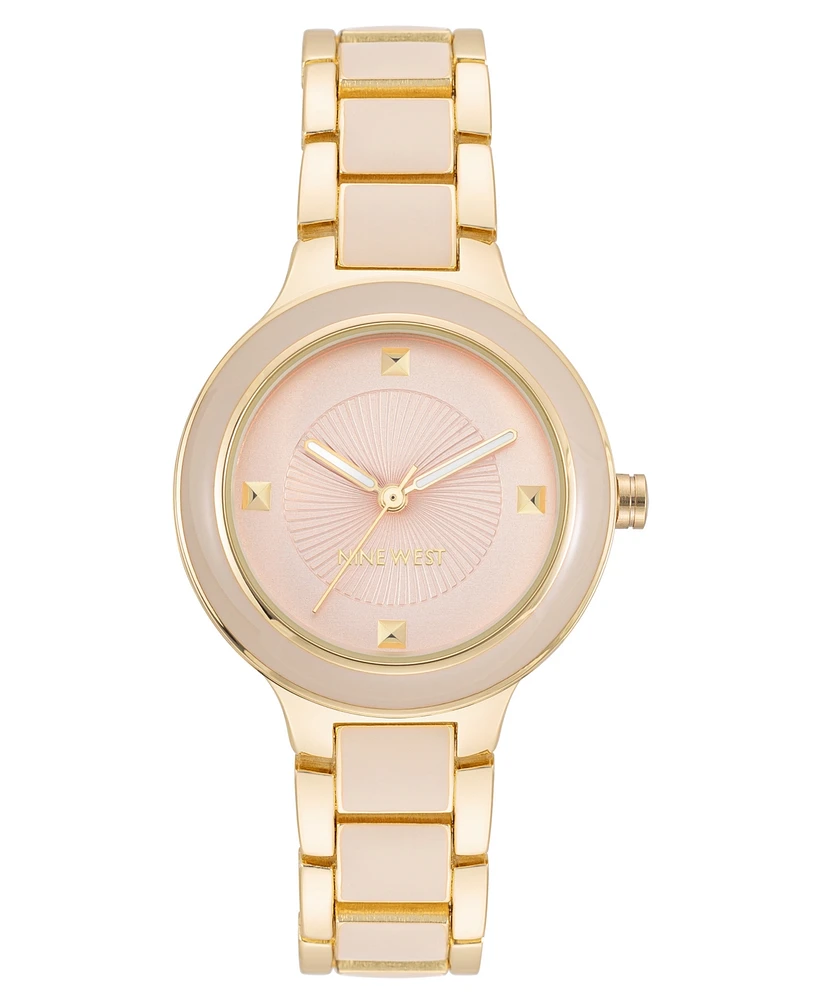 Nine West Women's Quartz Round Pink Enamel and Gold-Tone Metal Alloy Watch, 32mm