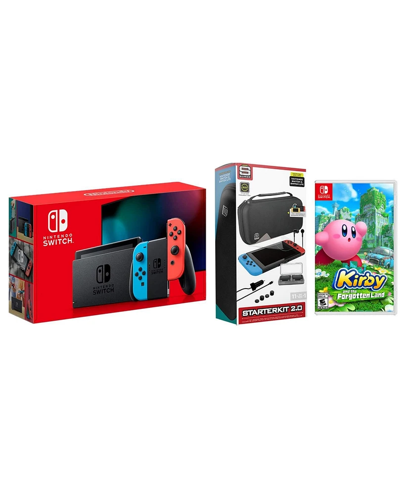 Nintendo Switch 32GB Console Neon Red/Blue Joy-Con Bundle with Surge 11-In-1 Accessory Starter Pack and Kirby and the Forgotten Land