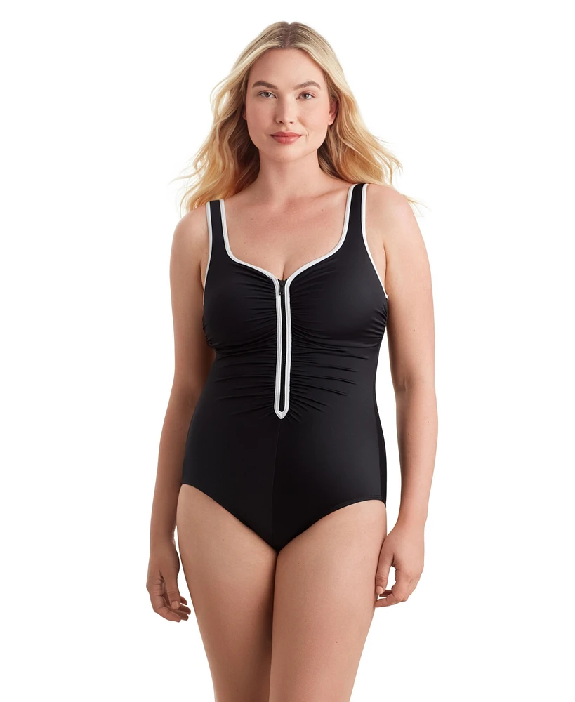 ShapeSolver Sport by Mimi Flamingo Shirred Zipper Runaround One Piece Swimsuit