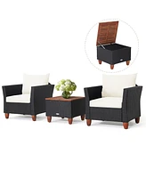 Gymax 3PCS Rattan Furniture Set Cushioned Sofa Storage Table W/ Wood Top Patio