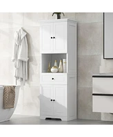 Tall Bathroom Cabinet with Four Doors, Large Storage Space Open Shelve, Upper Storage Cabinet, White