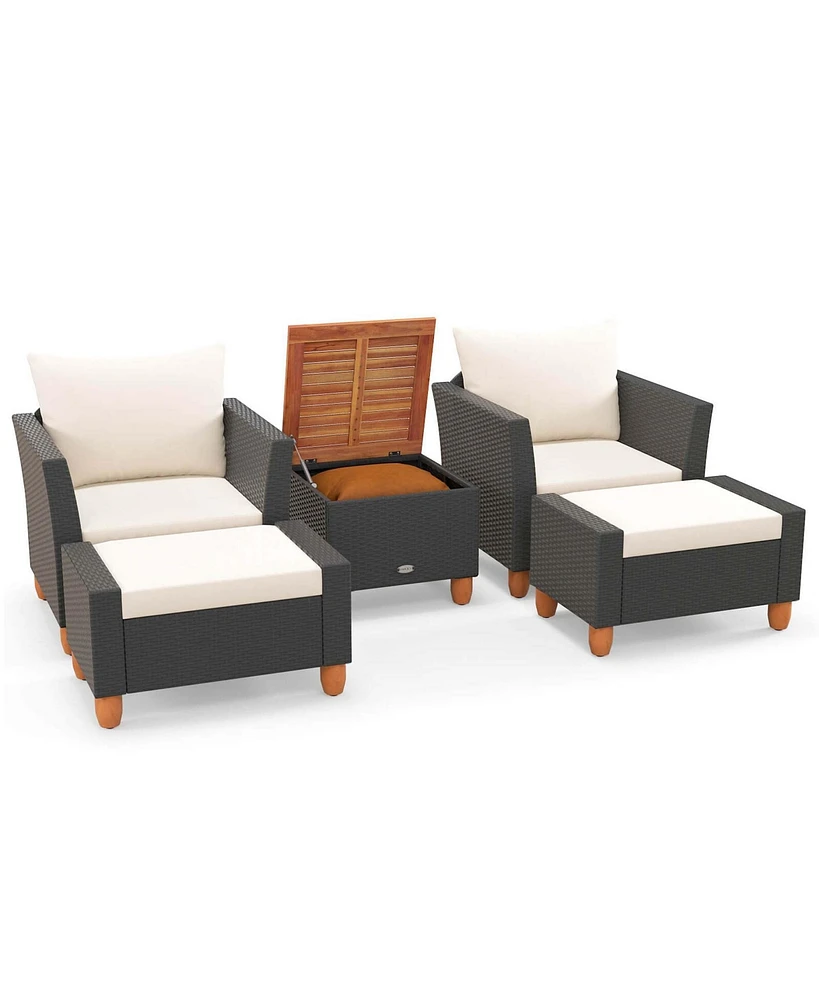 Gymax Set of 5 Furniture Set w/ Storage Table Ottomans Soft Pillows Patio