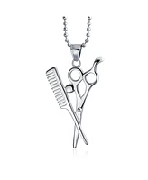 Bling Jewelry Unisex Whimsical Scissors Comb Pendant Necklace Crystal Accent Stainless Steel Chain