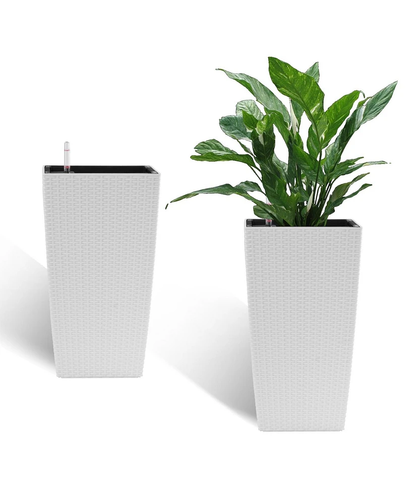 Modern Rattan Planter with Self-Watering (22.6", White, 2-Pack)