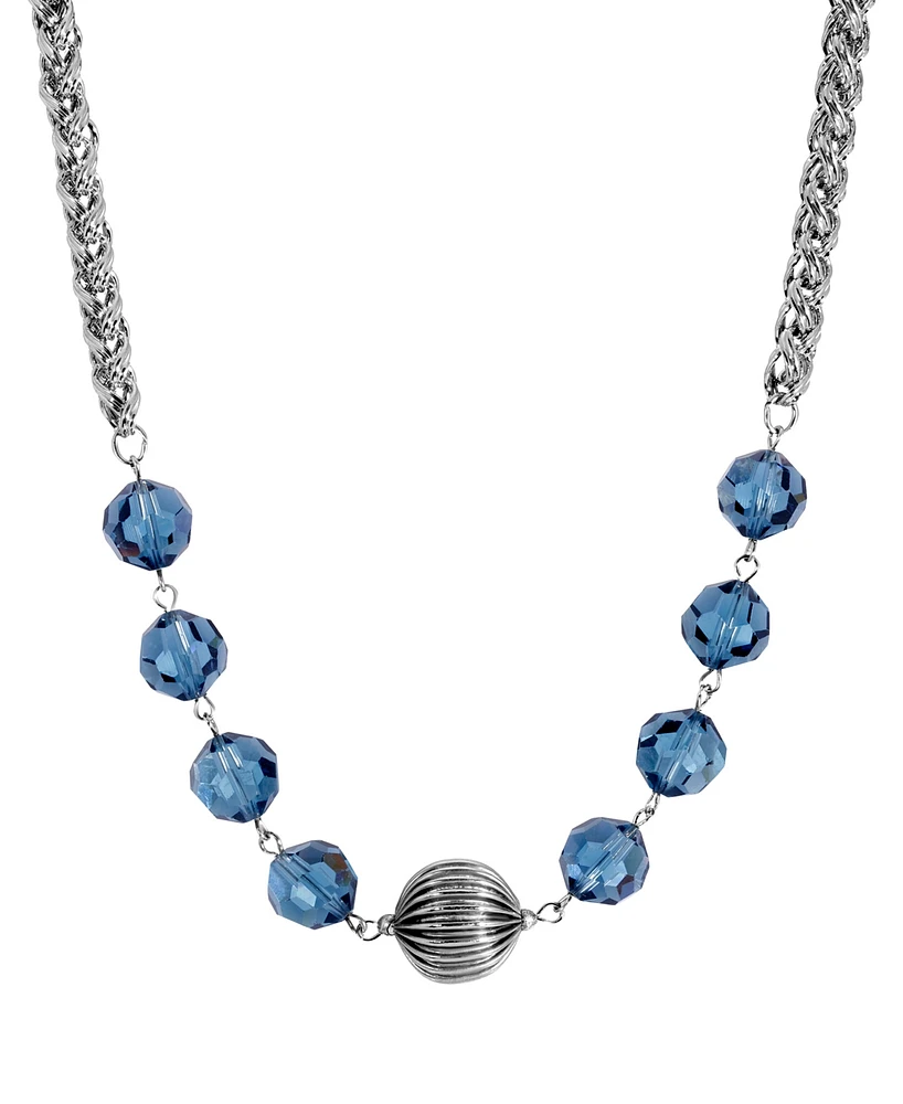 2028 Silver Tone Blue Glass Bead Necklace