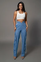 Jluxlabel Women's Medium Wash Jacinda Denim Utility Pants
