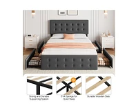 Queen Size Bed Frame with 4 Storage Drawers and Headboard, Linen Upholstered Platform Bed Frame with Wooden Slats Support, Button Tufted Design, No Bo