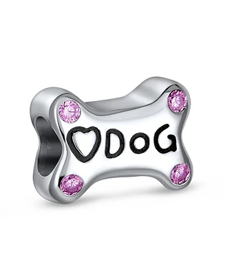 Bling Jewelry Sterling Silver Dog Bone Pink Cz Heart Charm Bead Bracelet Puppy Pet Theme