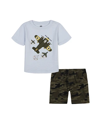 Kids Headquarters Baby Boy 2-Piece Slub Jersey Graphic T-Shirt Camo Twill Cargo Shorts Set