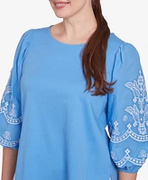 Ruby Rd. Petite Bella Blue Embroidered Three Quarter Sleeve Top