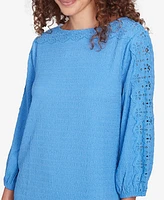 Ruby Rd. Petite Solid Textured Eyelet Sleeve Boat Neck Top