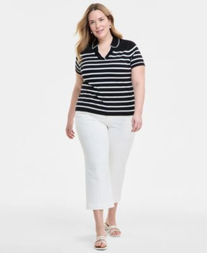 Liverpool Plus Size Short Sleeve Collared Sweater Stride High Rise Cropped Wide Leg Jeans