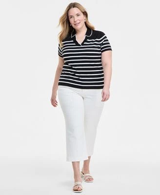 Liverpool Plus Size Short Sleeve Collared Sweater Stride High Rise Cropped Wide Leg Jeans