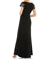 Women's Embellished Sleeve Jersey Wrap Gown